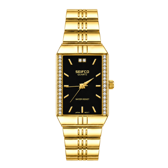 SEIFCO Classic Unisex Stainless Steel Watch with Black Dial and Gold Bracelet