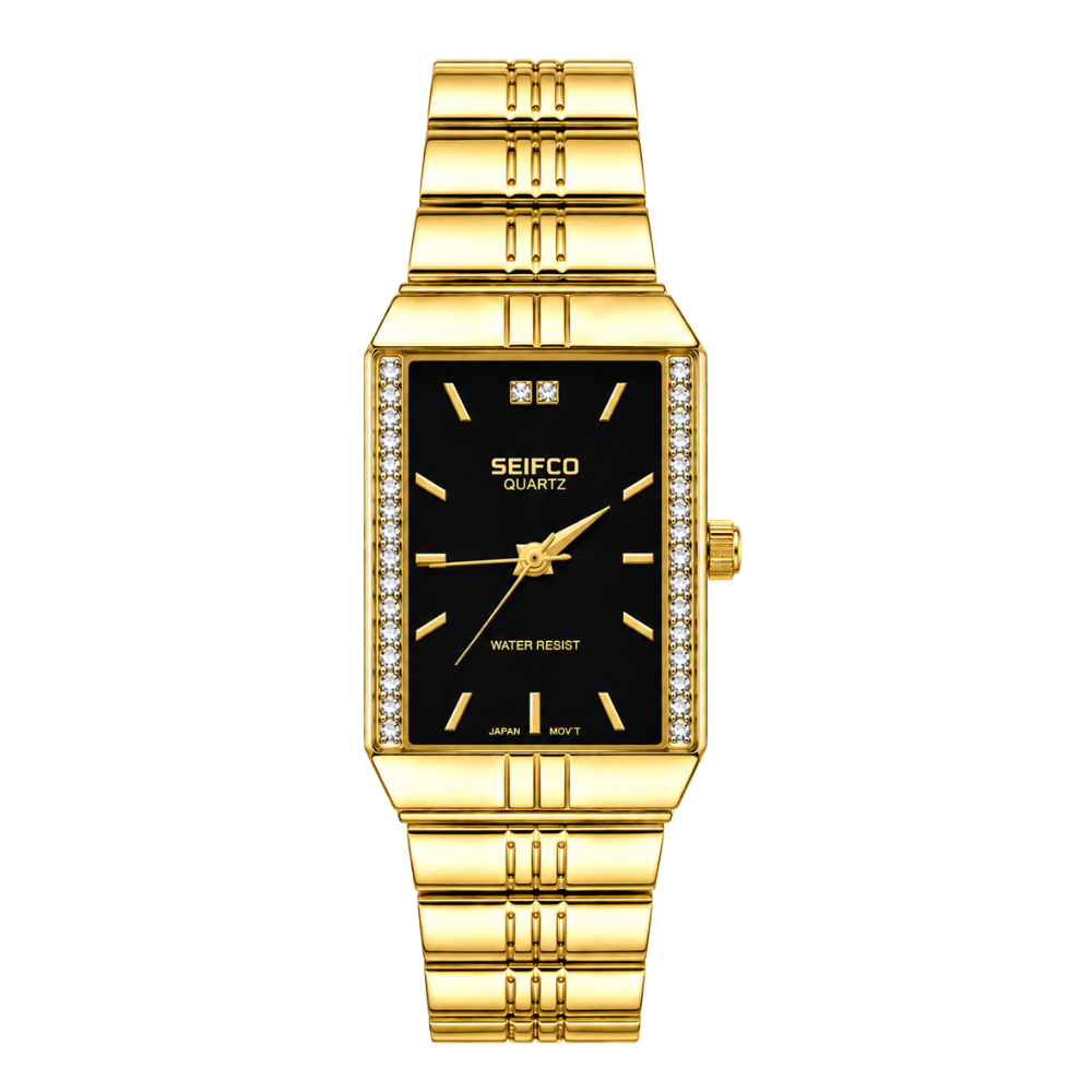 SEIFCO Classic Unisex Stainless Steel Watch with Black Dial and Gold Bracelet
