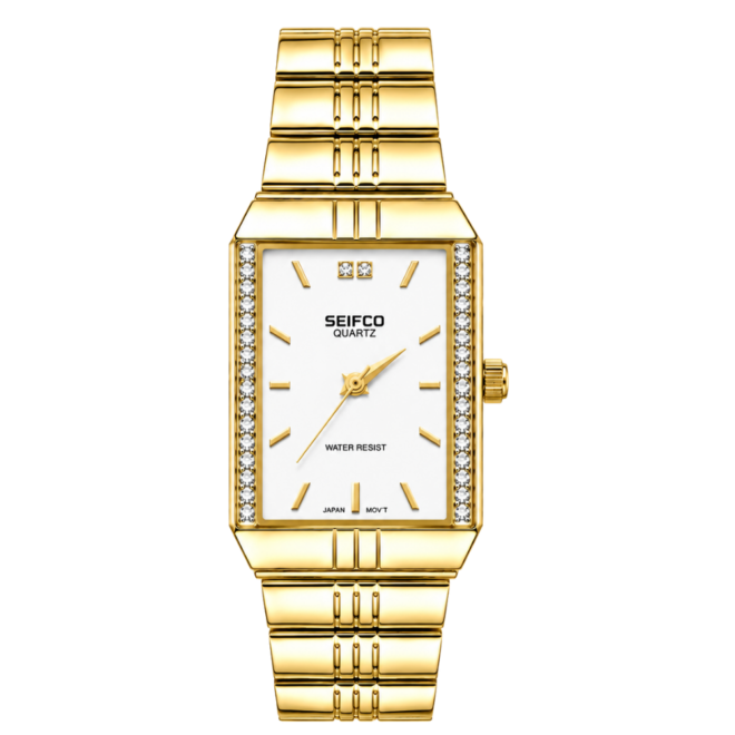 SEIFCO Classic Unisex Stainless Steel Watch with White Dial and Gold Bracelet