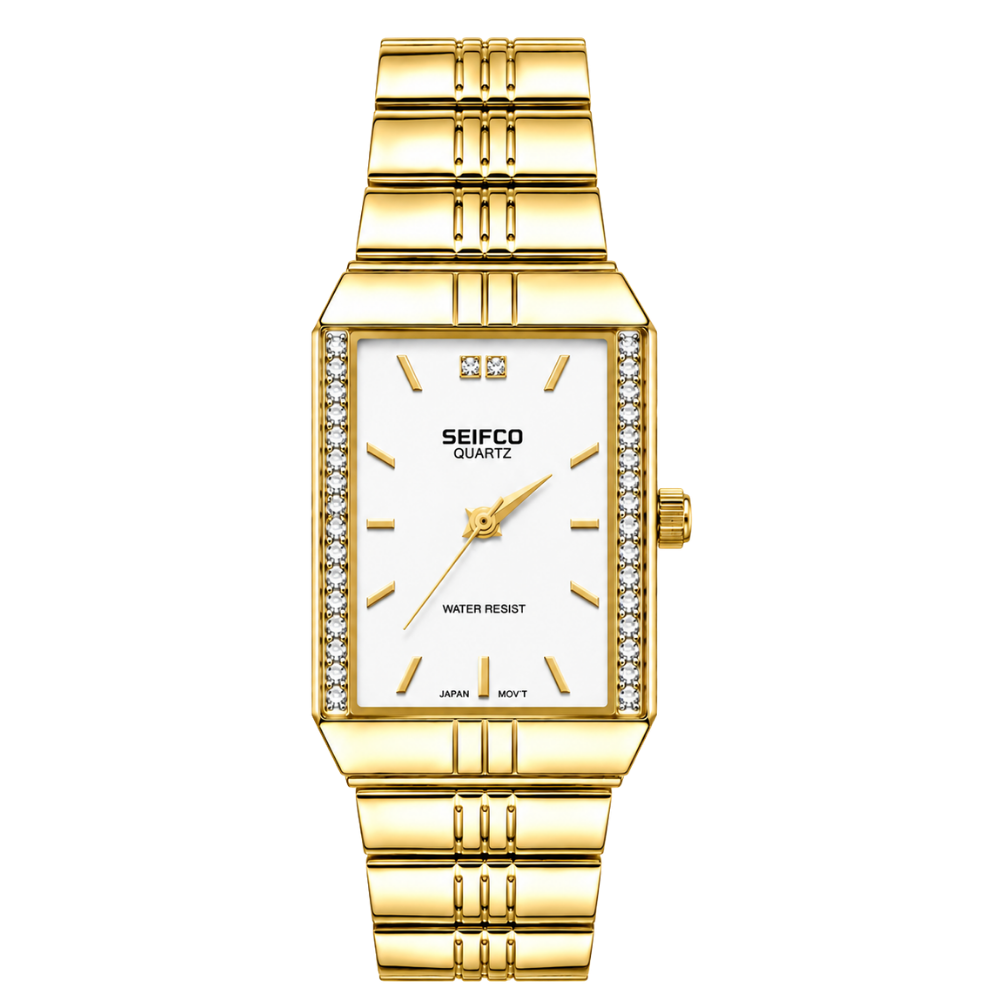 SEIFCO Classic Unisex Stainless Steel Watch with White Dial and Gold Bracelet