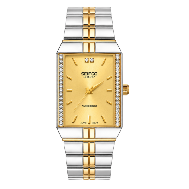 SEIFCO Classic Unisex Stainless Steel Quartz Watch with Gold Dial and Two-Tone Bracelet