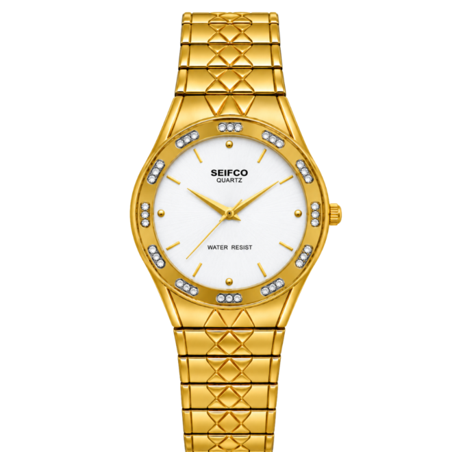 SEIFCO Classic Unisex Stainless Steel Watch with White Dial and Gold Bracelet