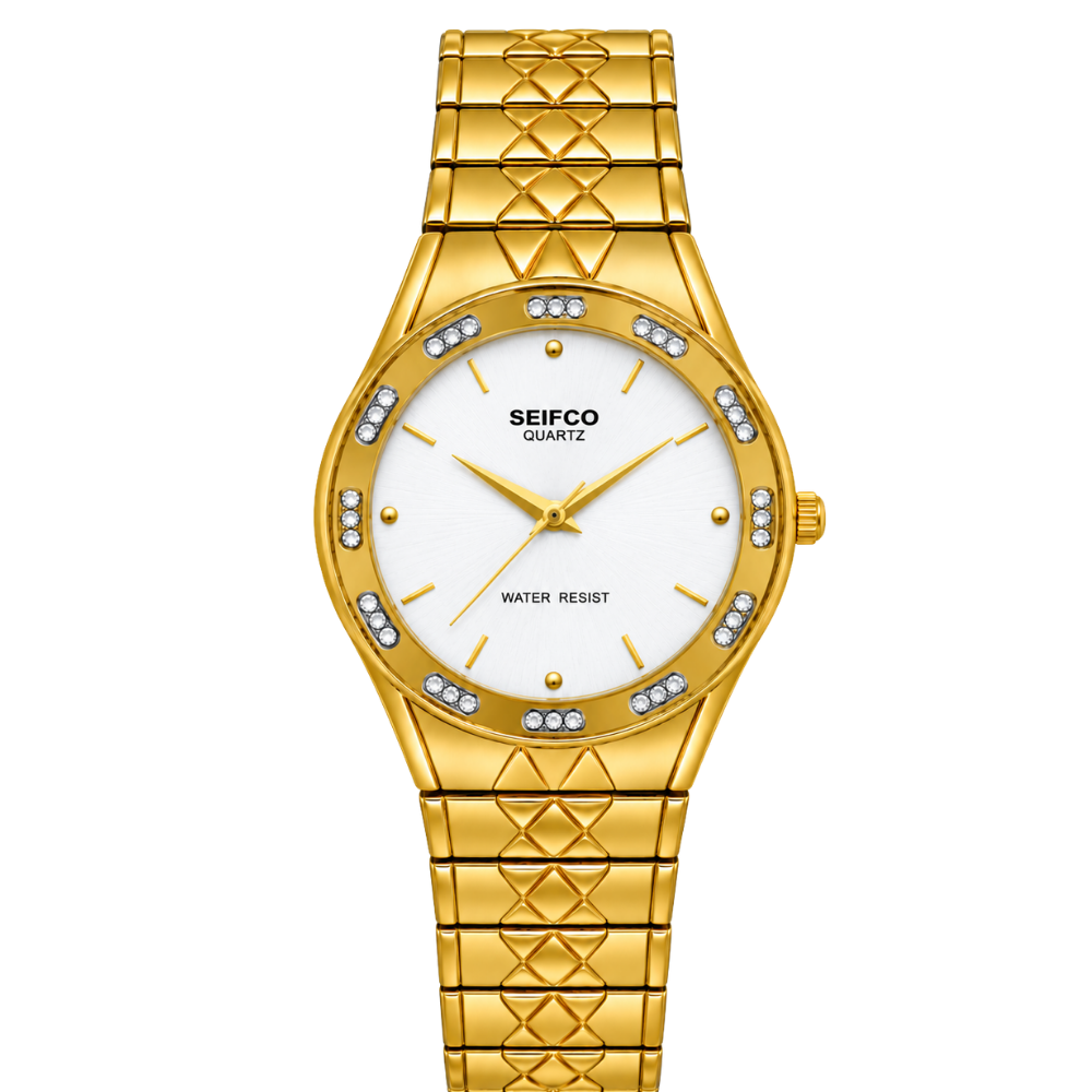 SEIFCO Classic Unisex Stainless Steel Watch with White Dial and Gold Bracelet