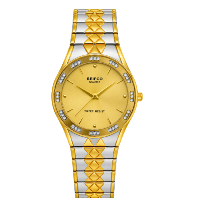 SEIFCO Classic Unisex Stainless Steel Watch with Gold Dial and Silver Gold Bracelet