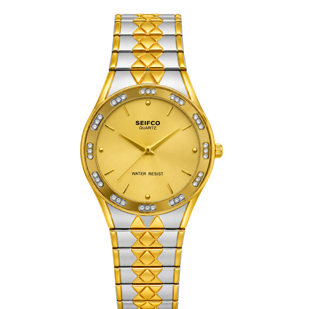 SEIFCO Classic Unisex Stainless Steel Watch with Gold Dial and Silver Gold Bracelet