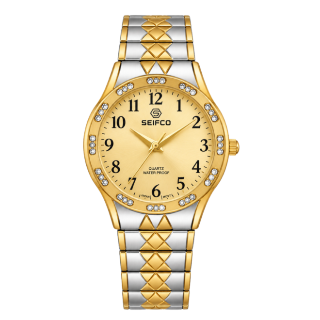 SEIFCO Classic Unisex Stainless Steel Quartz Watch with Gold Dial and Silver Bracelet