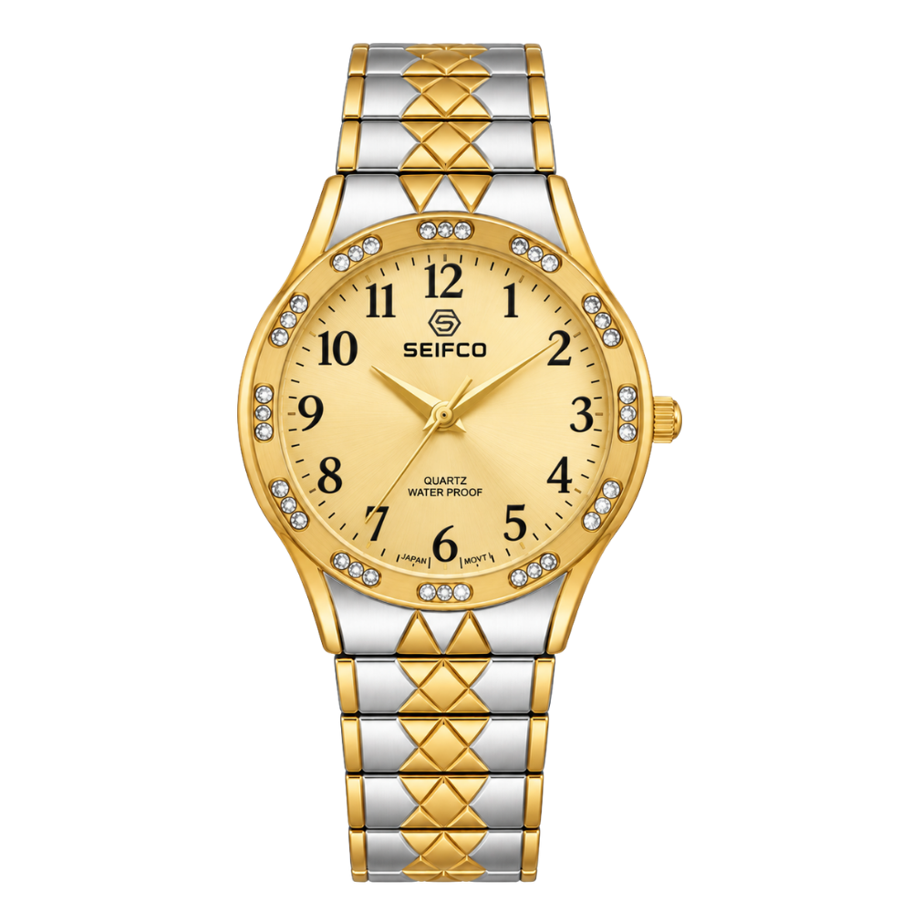 SEIFCO Classic Unisex Stainless Steel Quartz Watch with Gold Dial and Silver Bracelet