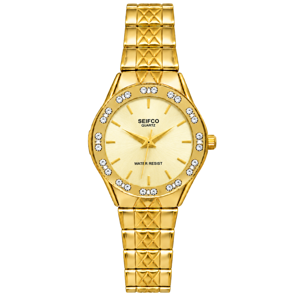 SEIFCO Classic Women’s Stainless Steel Quartz Watch with Gold Dial and Gold Bracelet