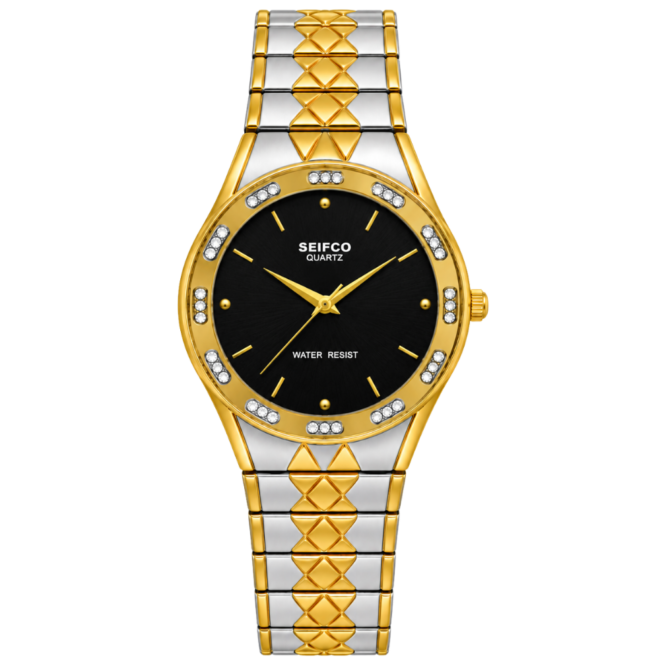 SEIFCO Classic Unisex Stainless Steel Watch with Black Dial and Silver Gold Bracelet