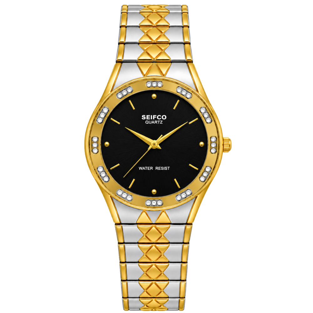 SEIFCO Classic Unisex Stainless Steel Watch with Black Dial and Silver Gold Bracelet