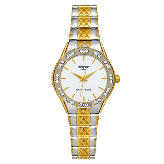 SEIFCO Classic Women’s Stainless Steel Quartz Watch with White Dial, Crystal-Set Bezel and Silver-Gold Bracelet