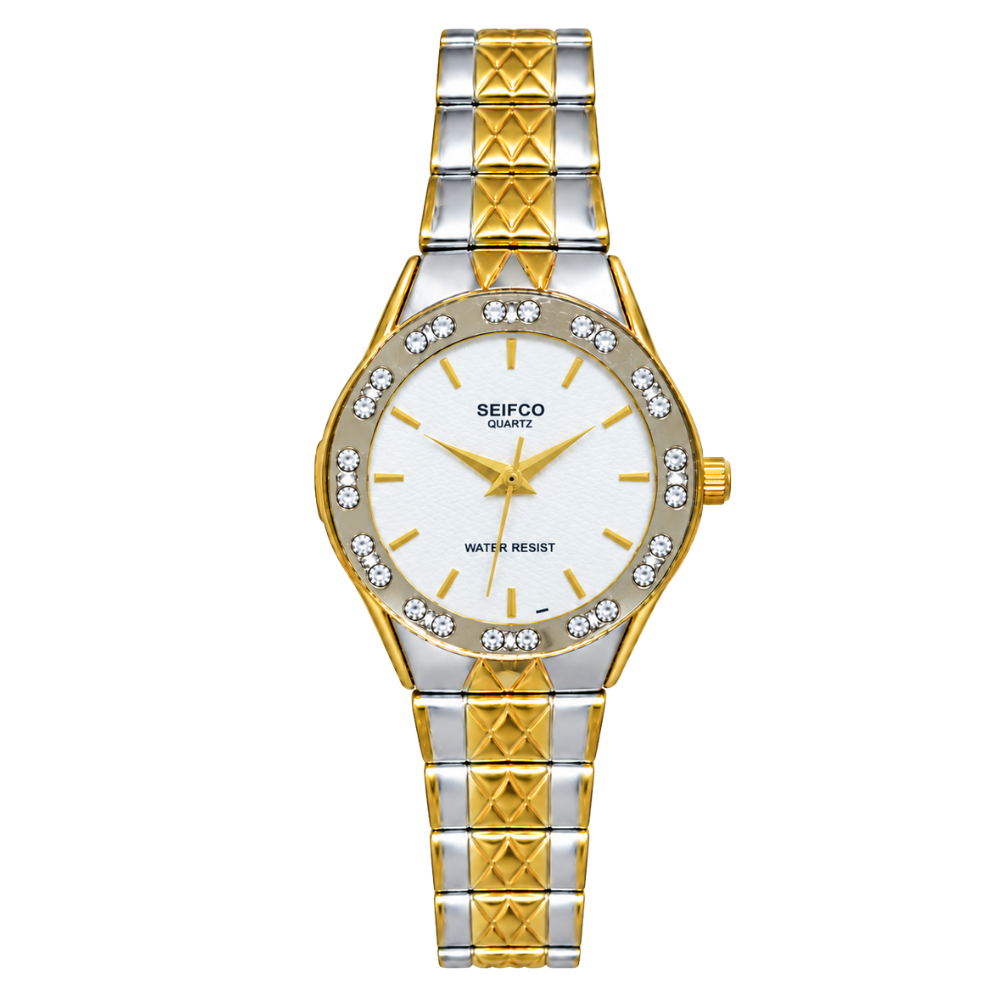 SEIFCO Classic Women’s Stainless Steel Quartz Watch with White Dial, Crystal-Set Bezel and Silver-Gold Bracelet