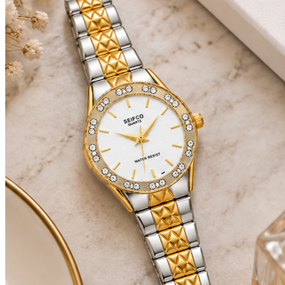 SEIFCO Classic Women’s Stainless Steel Quartz Watch with White Dial, Crystal-Set Bezel and Silver-Gold Bracelet - الصورة 2
