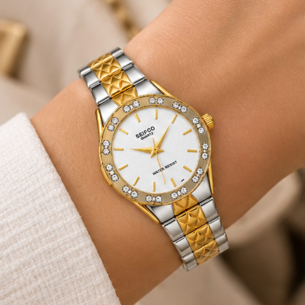 SEIFCO Classic Women’s Stainless Steel Quartz Watch with White Dial, Crystal-Set Bezel and Silver-Gold Bracelet - الصورة 3