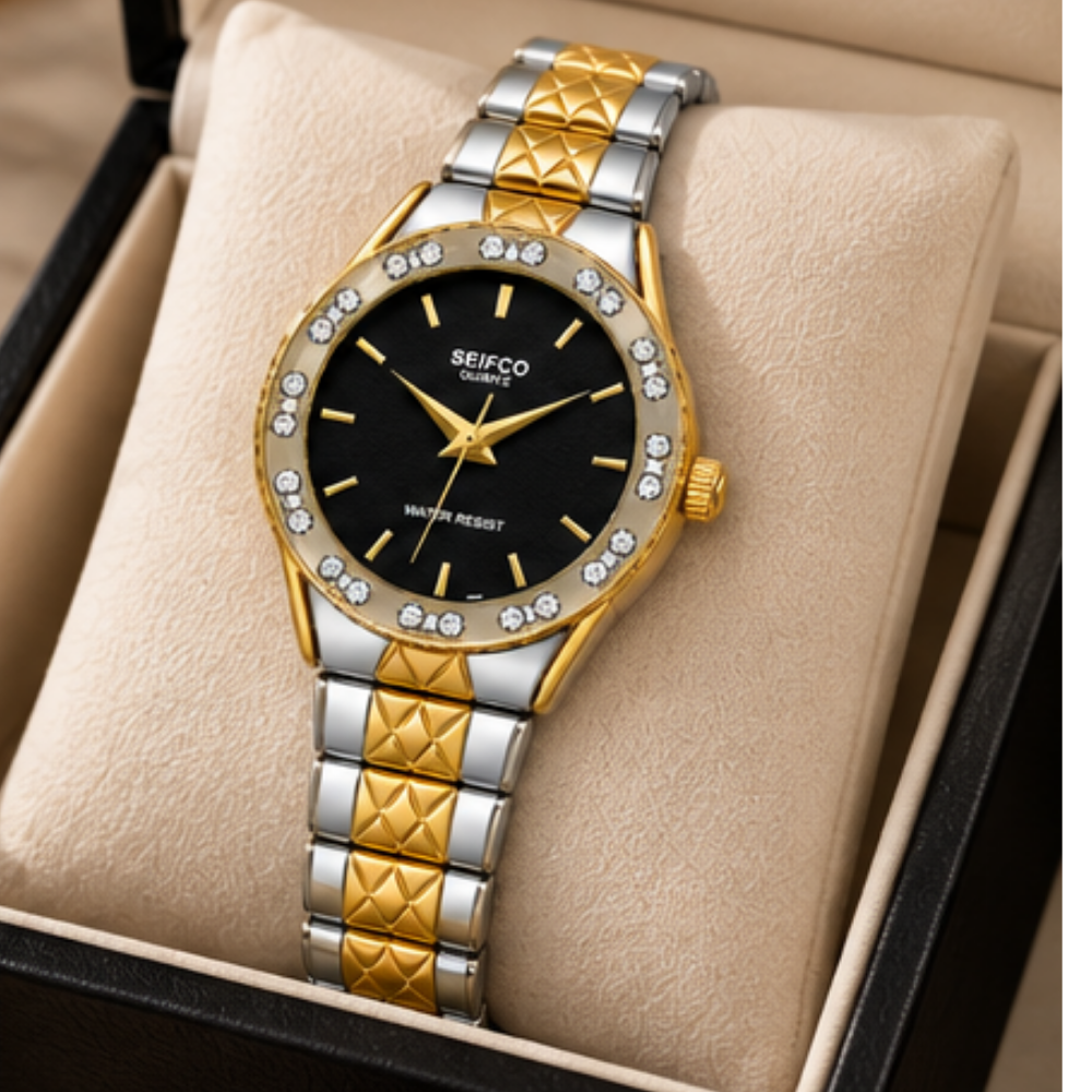 SEIFCO Classic Women’s Stainless Steel Quartz Watch with Black Dial, Crystal-Set Bezel and Silver-Gold Bracelet - الصورة 2