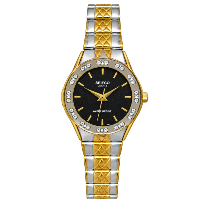 SEIFCO Classic Women’s Stainless Steel Quartz Watch with Black Dial, Crystal-Set Bezel and Silver-Gold Bracelet