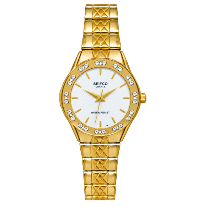 SEIFCO Classic Women’s Stainless Steel Quartz Watch with White Dial and Gold Bracelet