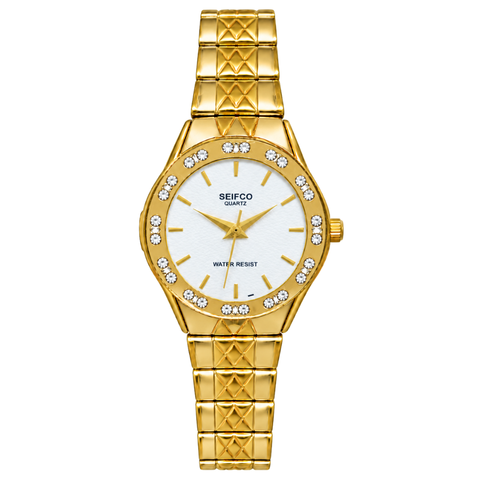 SEIFCO Classic Women’s Stainless Steel Quartz Watch with White Dial and Gold Bracelet