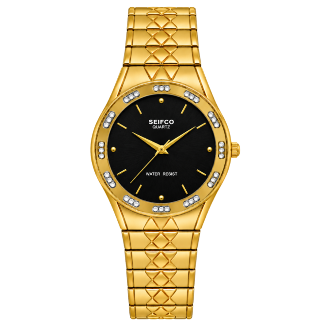 SEIFCO Classic Unisex Stainless Steel Watch with Black Dial and Gold Bracelet