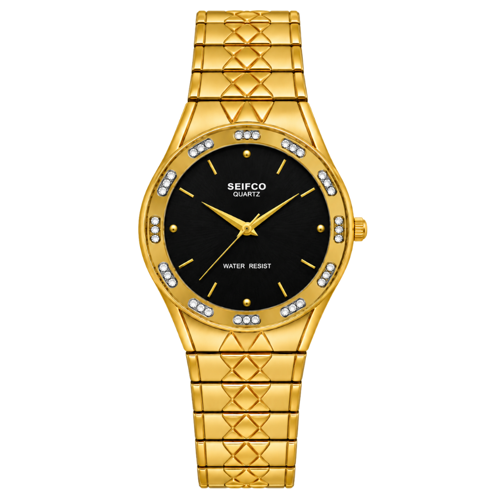 SEIFCO Classic Unisex Stainless Steel Watch with Black Dial and Gold Bracelet