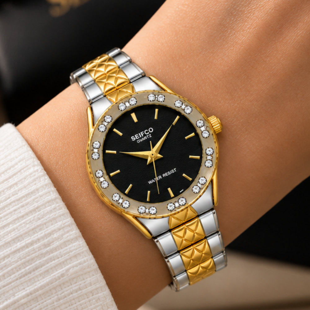 SEIFCO Classic Women’s Stainless Steel Quartz Watch with Black Dial, Crystal-Set Bezel and Silver-Gold Bracelet - الصورة 3