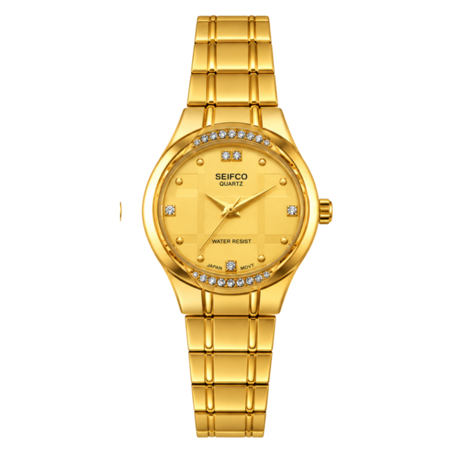 SEIFCO Classic Unisex Stainless Steel Quartz Watch with Gold Dial and Silver Gold Bracelet