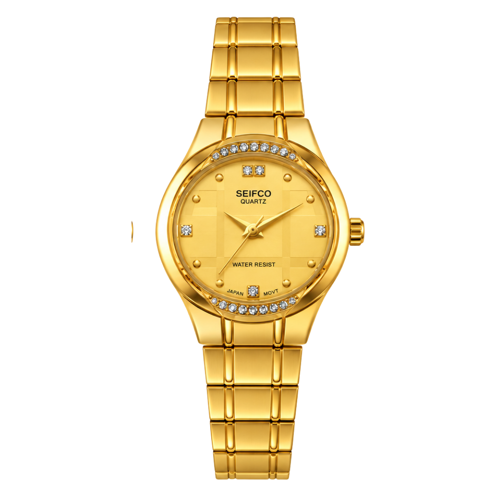 SEIFCO Classic Unisex Stainless Steel Quartz Watch with Gold Dial and Silver Gold Bracelet