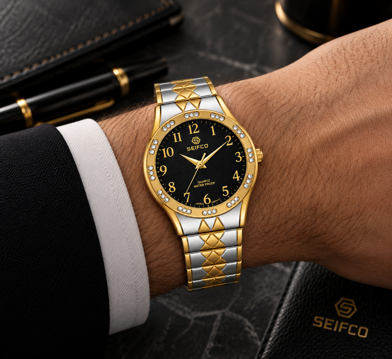 SEIFCO Classic Men’s Stainless Steel Quartz Watch with Black Dial and Silver-Gold Bracelet - الصورة 2