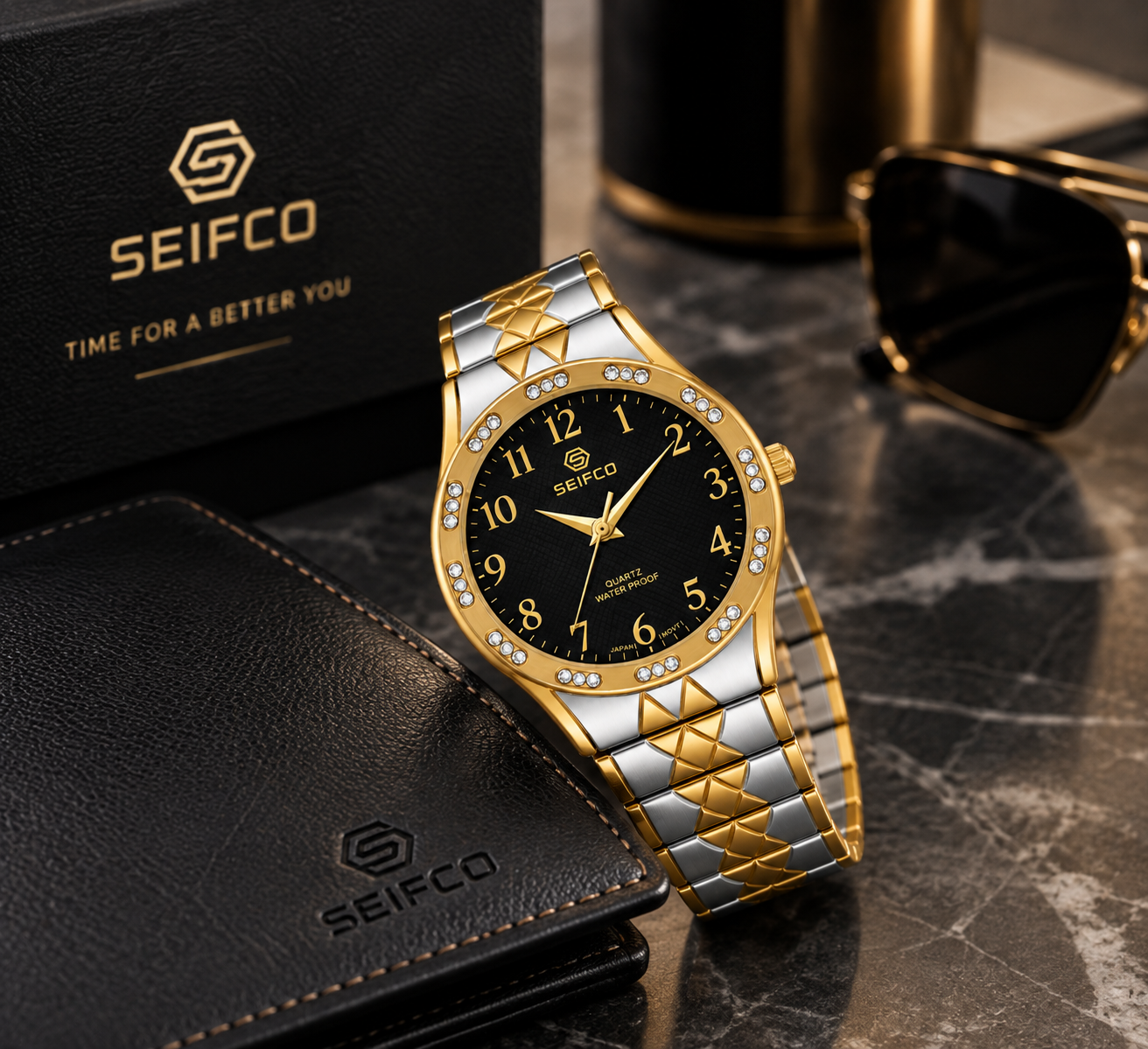 SEIFCO Classic Men’s Stainless Steel Quartz Watch with Black Dial and Silver-Gold Bracelet - الصورة 3