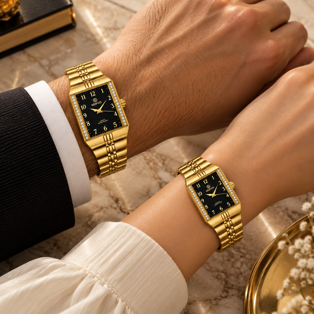 Unisex Gold Watch with Black Dial and Crystal Accents - Image 3