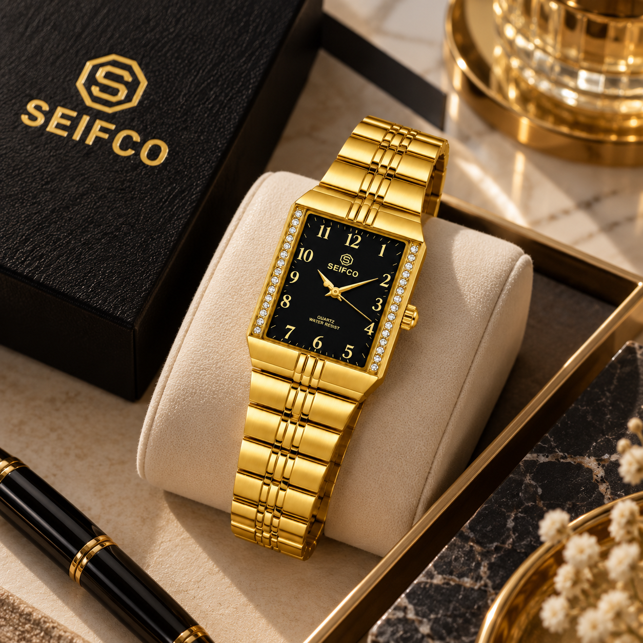Unisex Gold Watch with Black Dial and Crystal Accents - Image 2