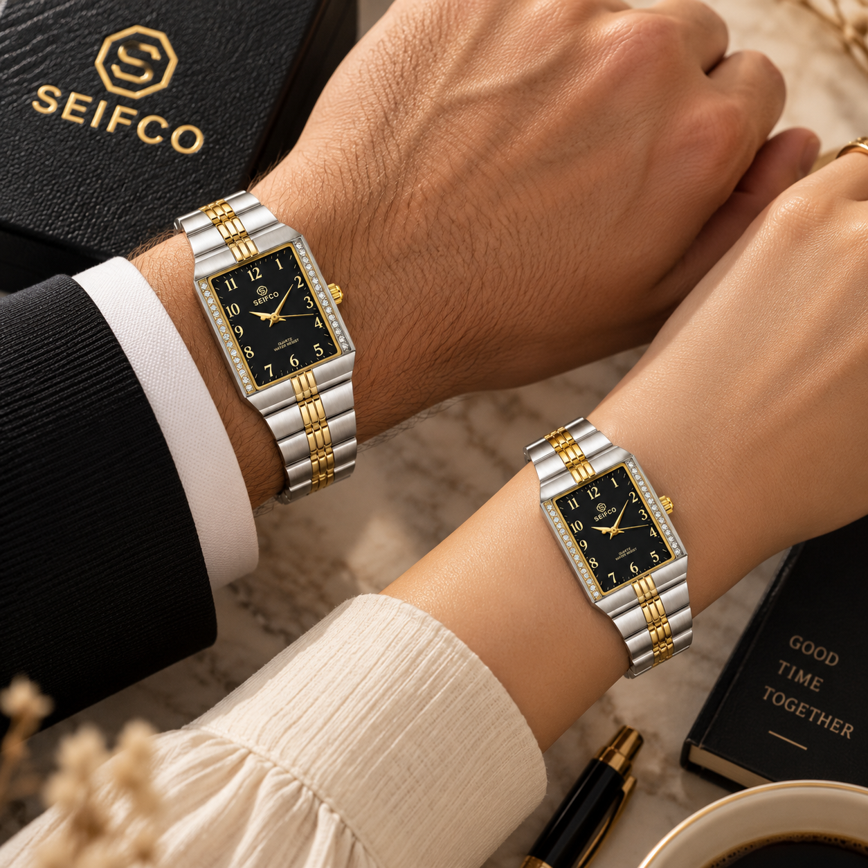 Unisex Two-Tone Watch with Black Dial and Crystal Accents - Image 2