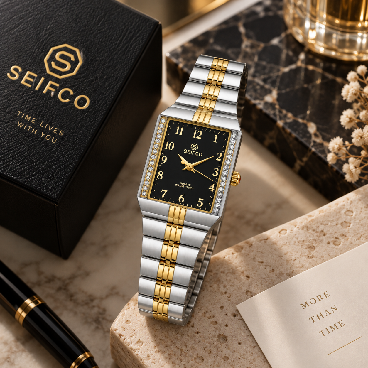 Unisex Two-Tone Watch with Black Dial and Crystal Accents - Image 3