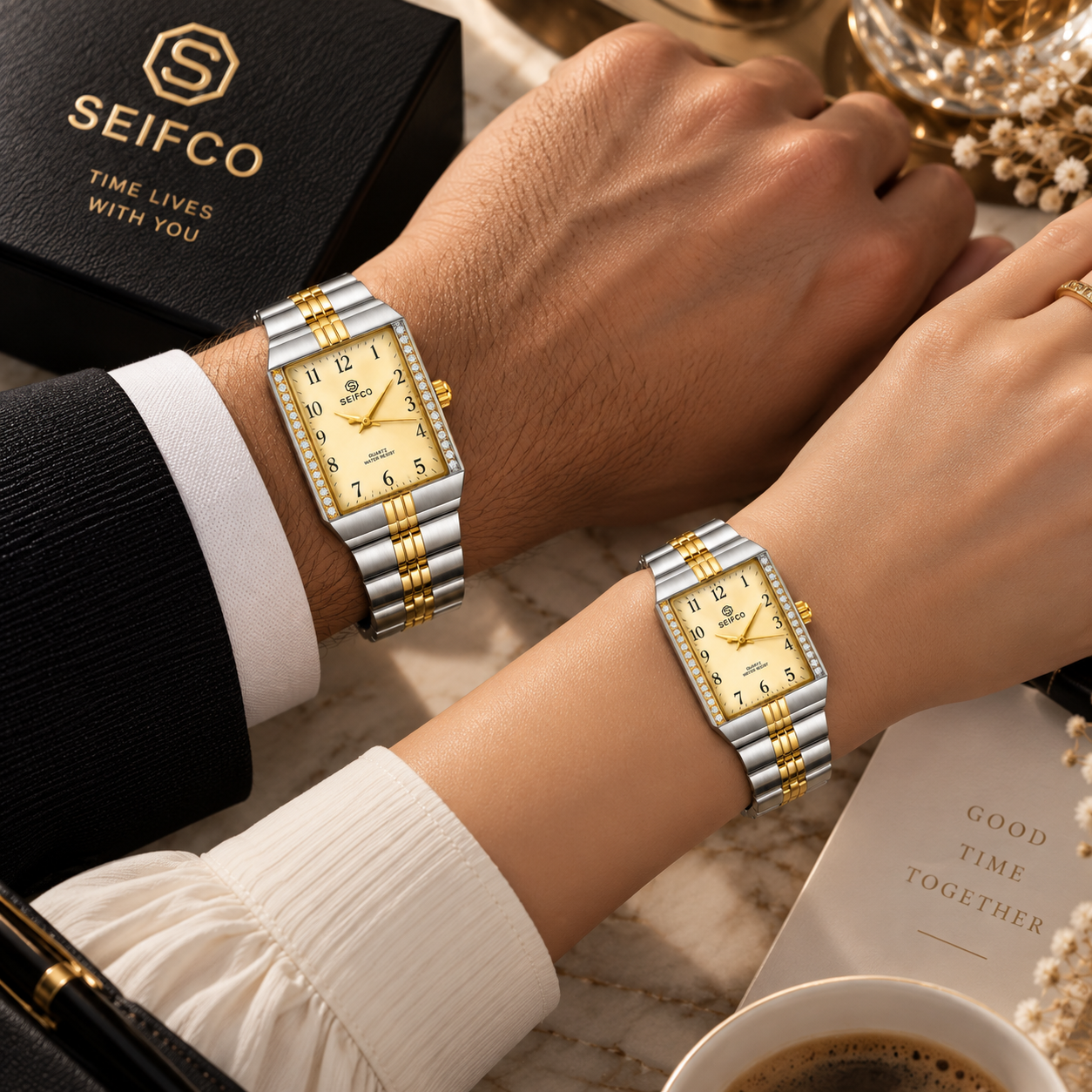 Unisex Two-Tone Watch with Gold Dial and Crystal Accents - Image 3