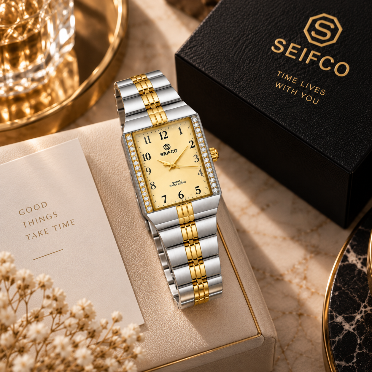 Unisex Two-Tone Watch with Gold Dial and Crystal Accents - Image 2