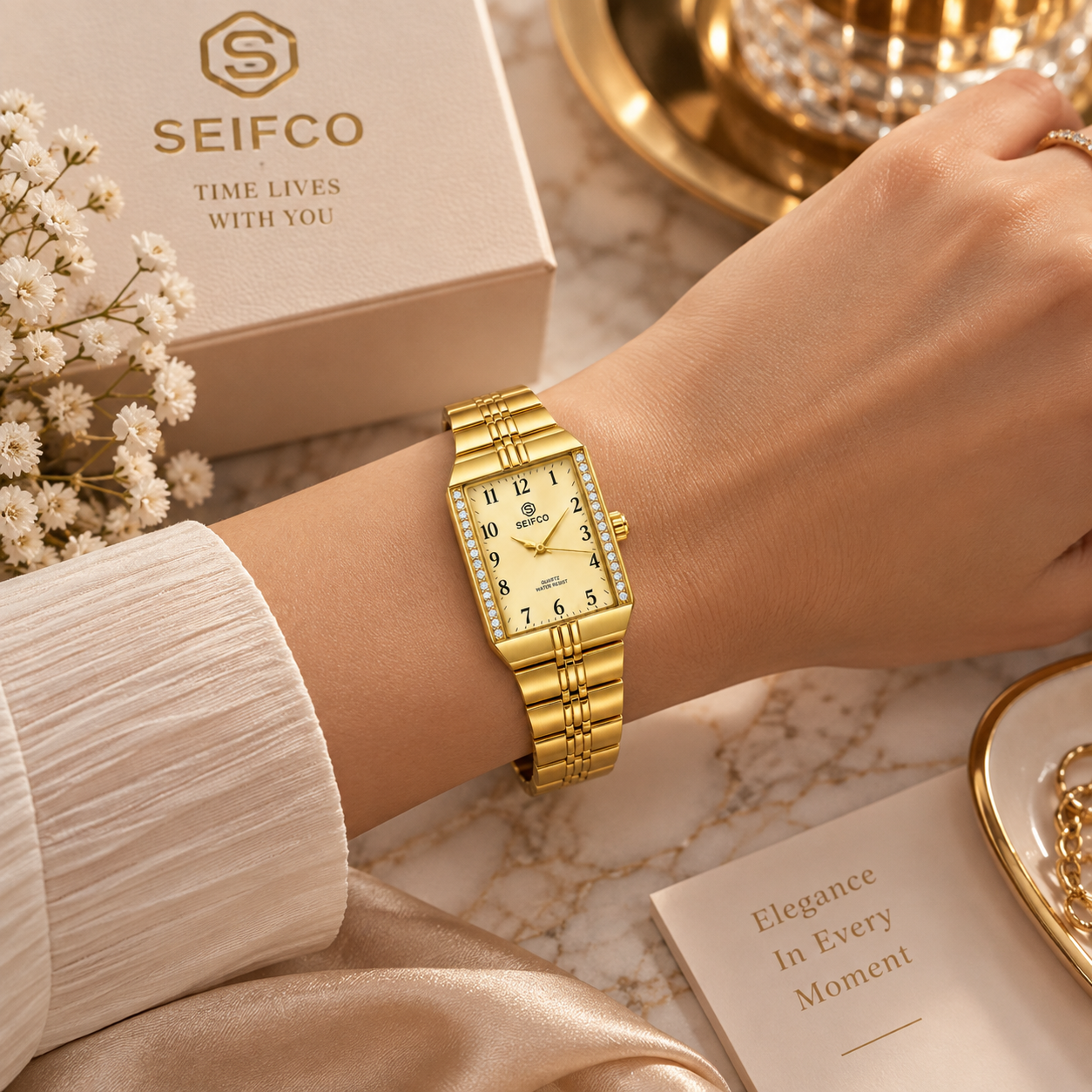 Women’s Gold Watch with Gold Dial and Crystal Accents - Image 3