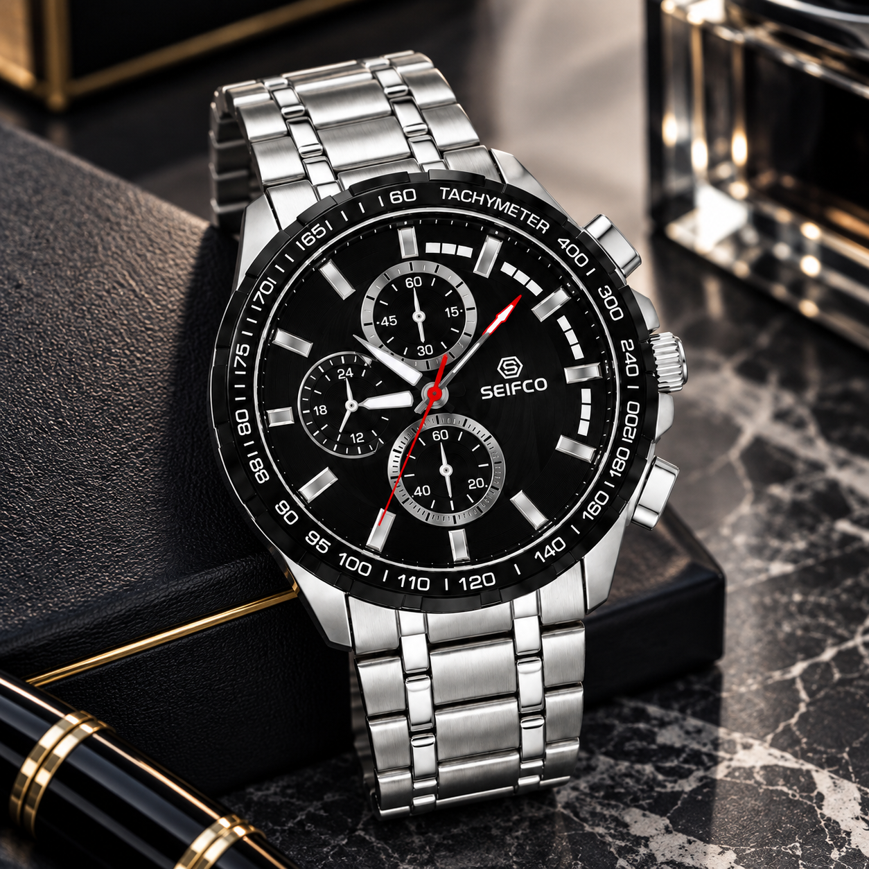 Men’s Silver Watch with Black Multi-Dial - الصورة 3