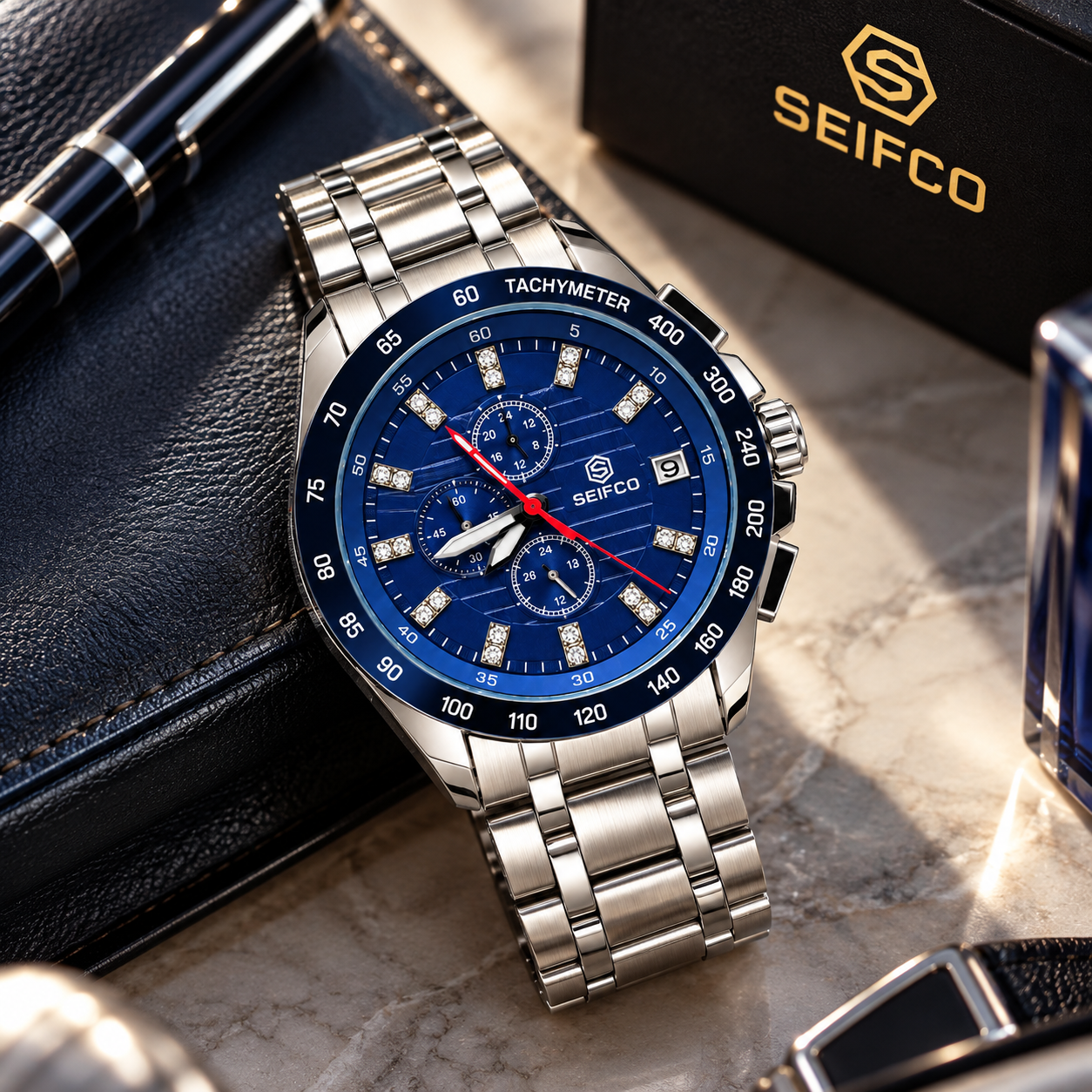 Men’s Silver Watch with Blue Dial and Crystal Accents - الصورة 3