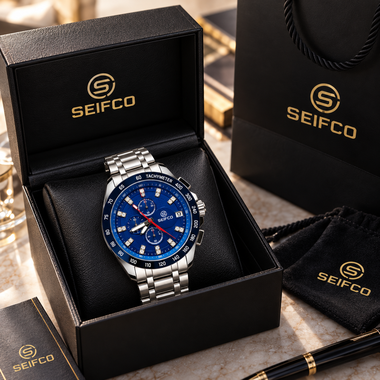 Men’s Silver Watch with Blue Dial and Crystal Accents - الصورة 4