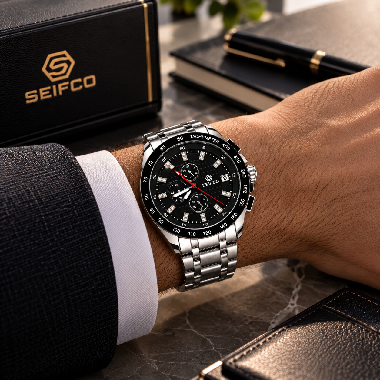 Men’s Silver Watch with Black Dial and Crystal Accents - الصورة 2