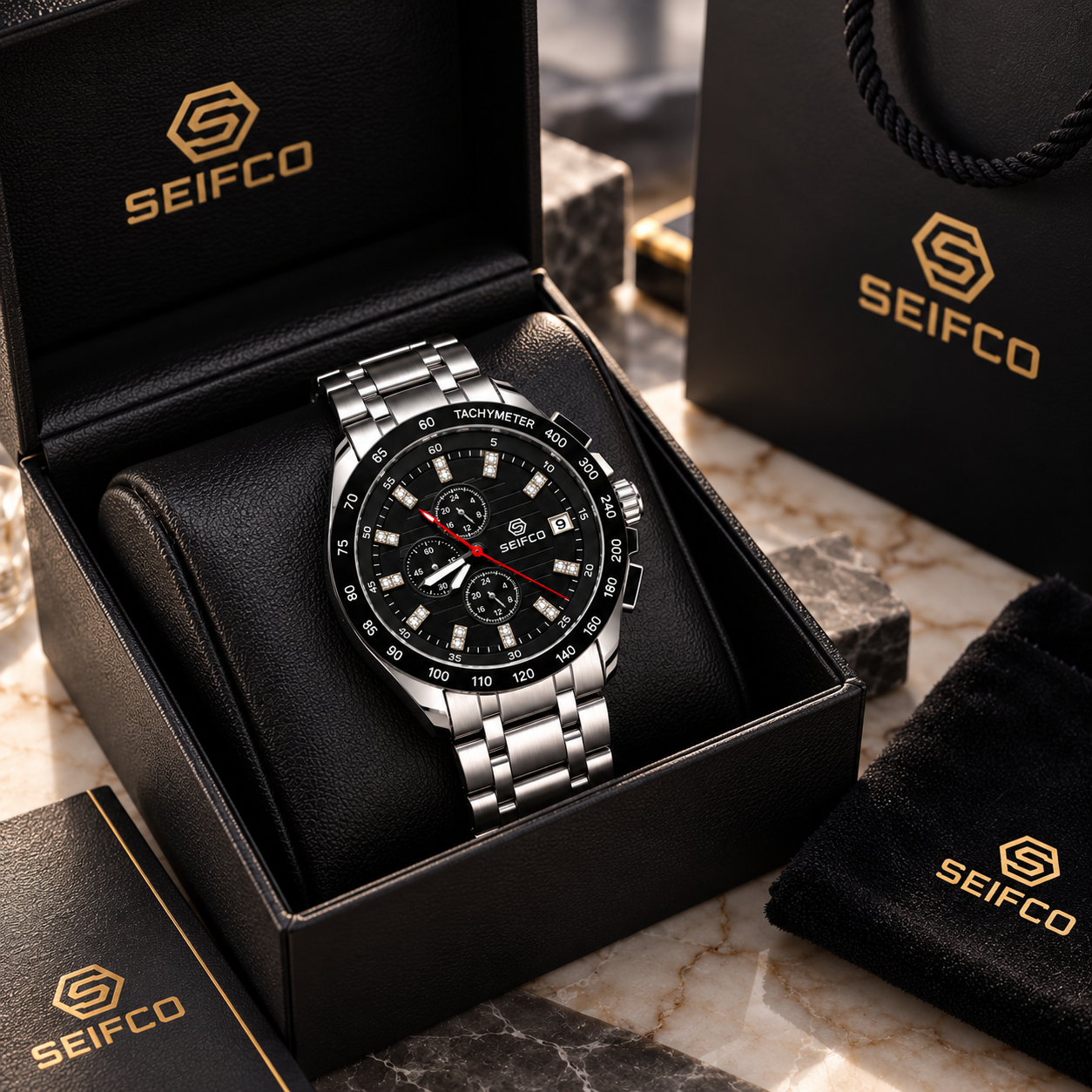 Men’s Silver Watch with Black Dial and Crystal Accents - الصورة 4