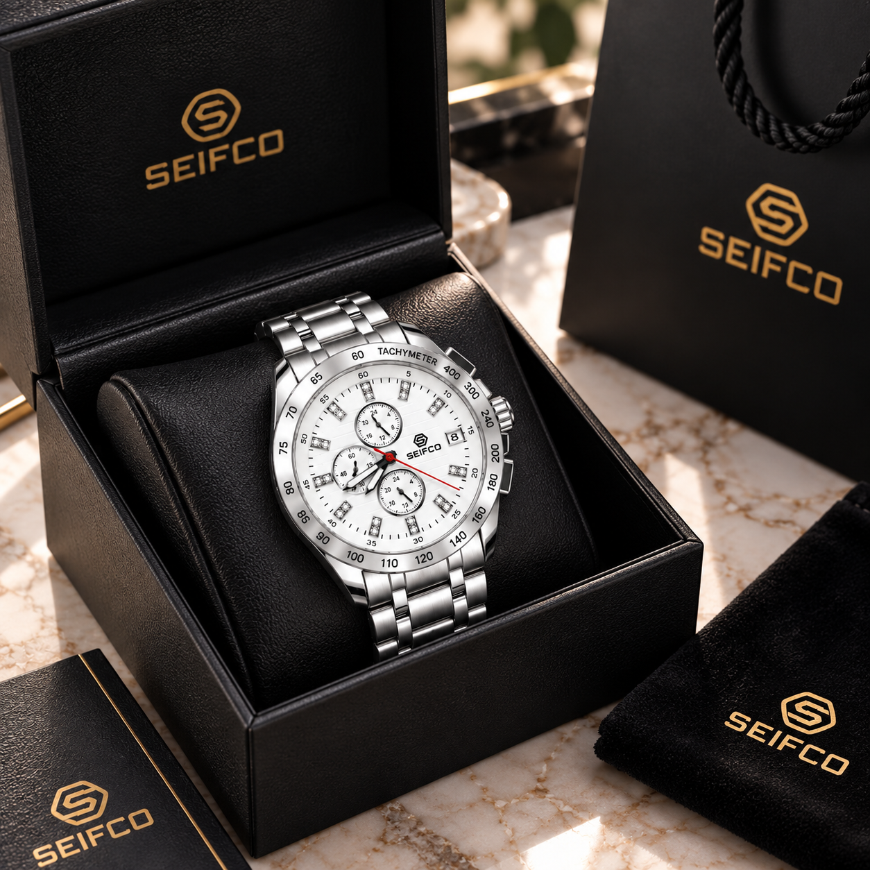 Men’s Silver Watch with White Dial and Crystal Accents - الصورة 4
