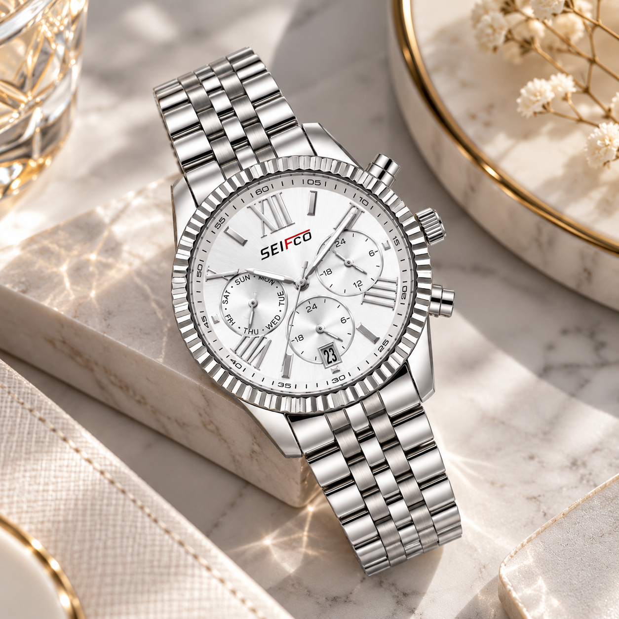 SEIFCO Classic Women’s Stainless Steel Quartz Watch with White Dial and Silver Bracelet (Copy) - الصورة 3