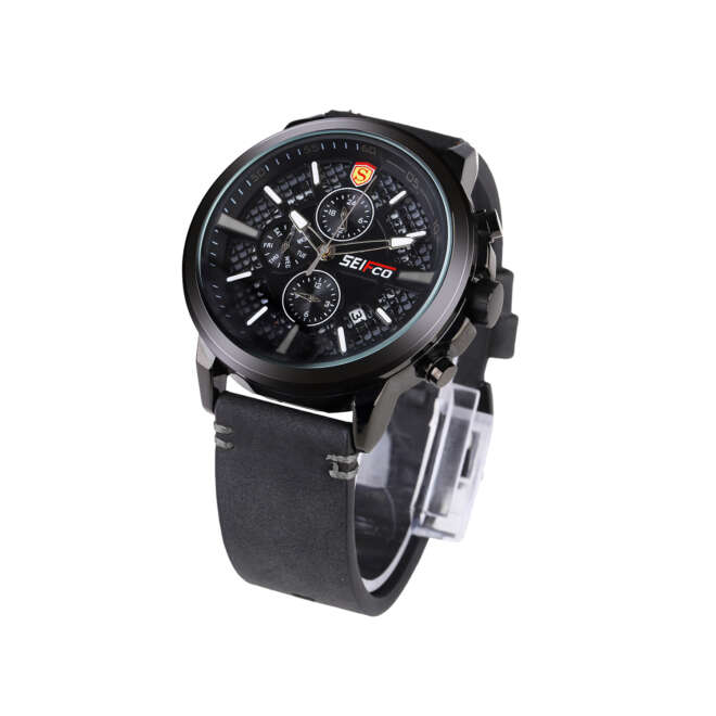 SEIFCO Sport Men’s Quartz Watch with Textured Black Dial and Black Leather Strap