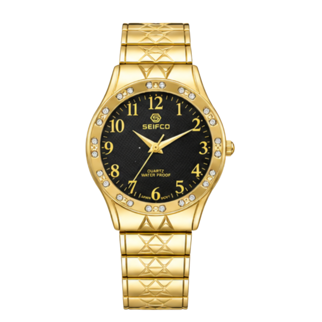 SEIFCO Classic Unisex Stainless Steel Quartz Watch with Black Dial and Gold Bracelet