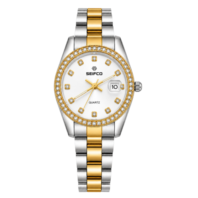 SEIFCO Classic Unisex Stainless Steel Watch with Silver Dial and Silver Gold Bracelet