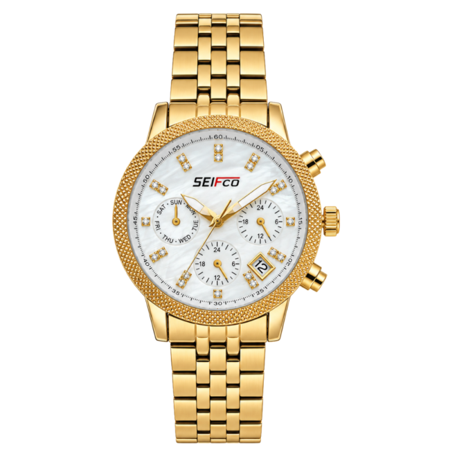 Women’s Stainless Steel Watch with White Mother of Pearl Dial and Gold Bracelet
