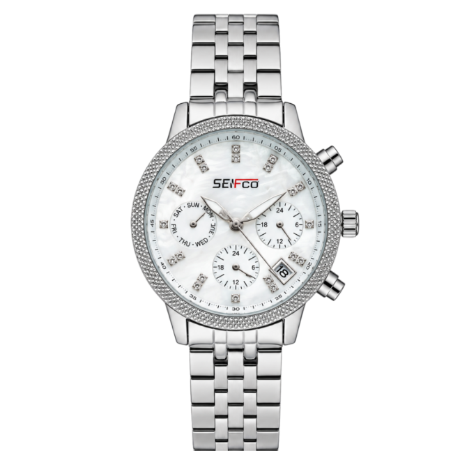 SEIFCO Classic Women’s Stainless Steel Quartz Watch with White Mother of Pearl Dial and Silver Bracelet