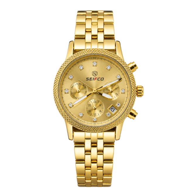 SEIFCO Classic Women’s Stainless Steel Quartz Watch with Gold Dial and Gold Bracelet