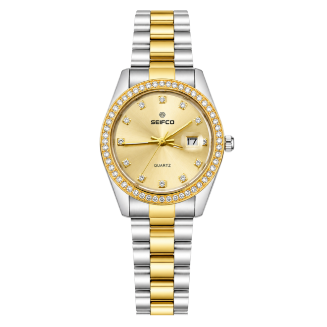SEIFCO Classic Unisex Stainless Steel Watch with Gold Dial and Silver Gold Bracelet